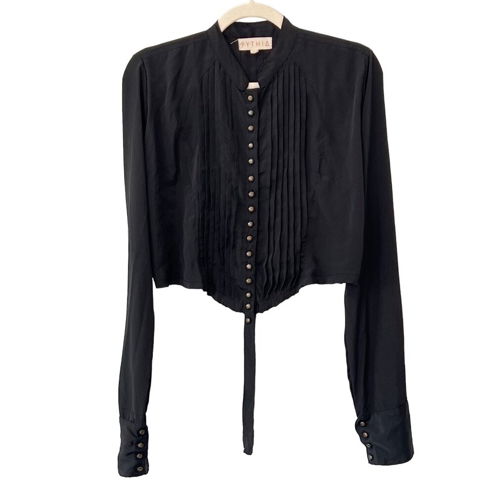 Pythia Pintuck Button Crop Blouse Size M Black Po… - image 1